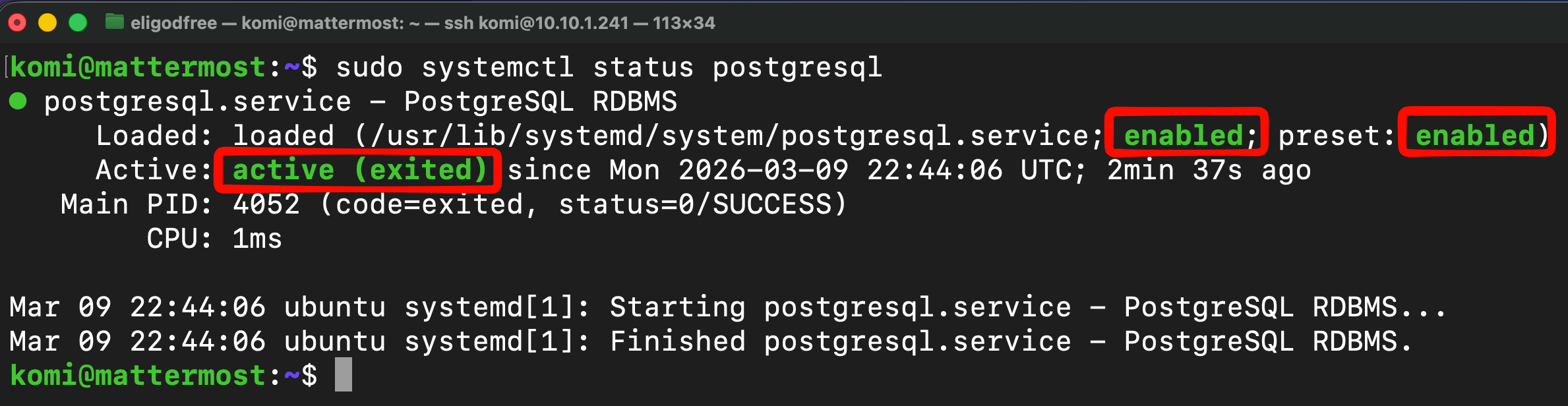 PostgreSQL actif et enabled au démarrage
